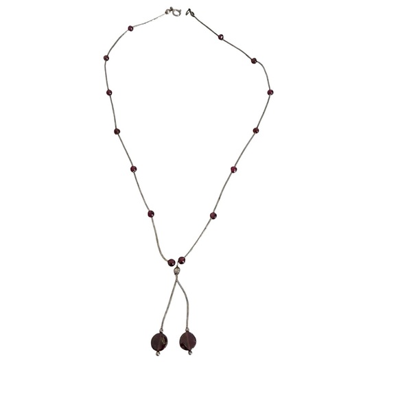 Vintage 925 sterling silver garnet beads Y drop necklace dainty liquid silver Vintage 925 sterling silver garnet beads Y drop necklace dainty liquid silver